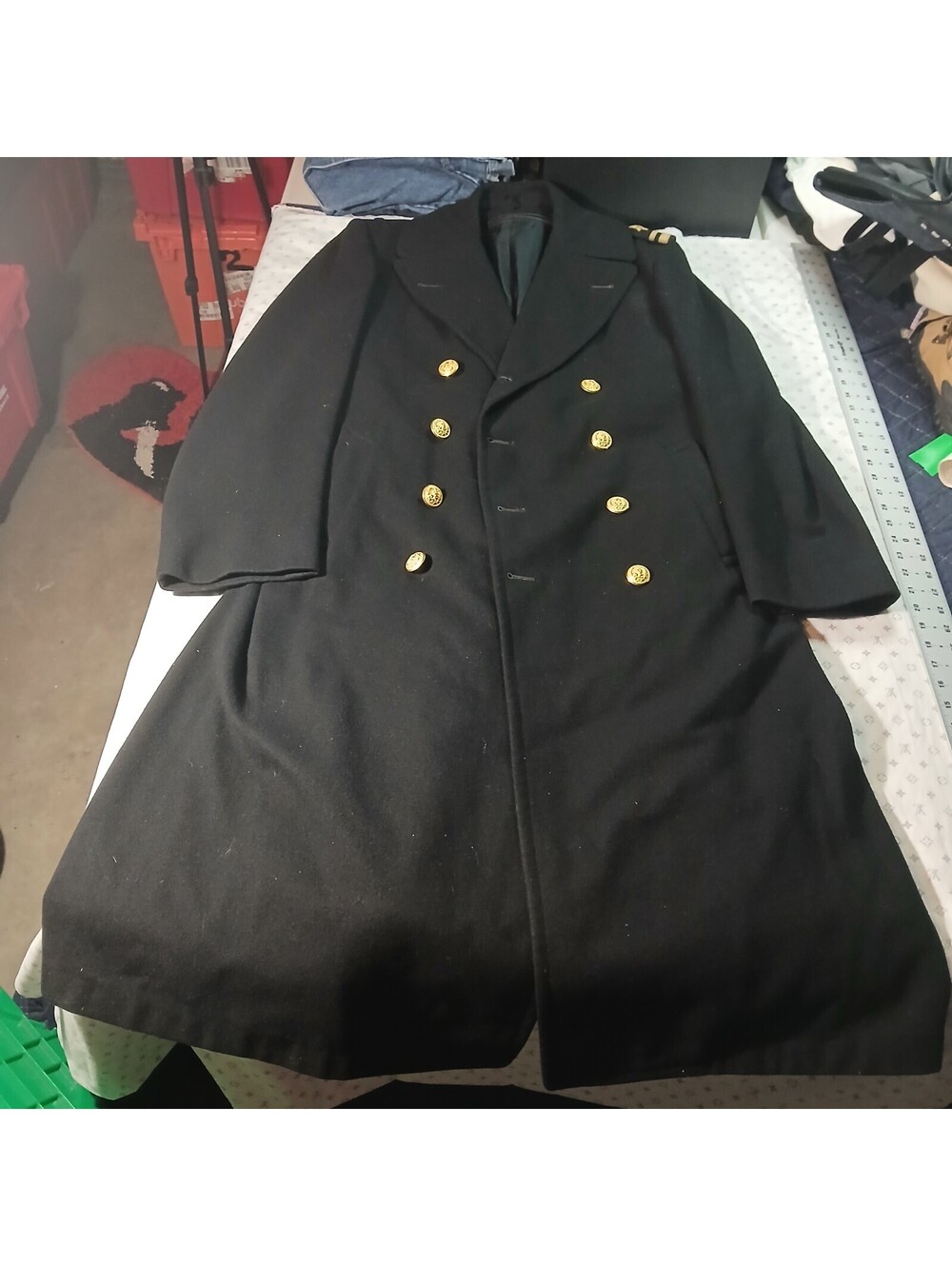 Vintage 50s 60s Black Military Wool Overcoat Gold Button Uniform Coat Retro 38L